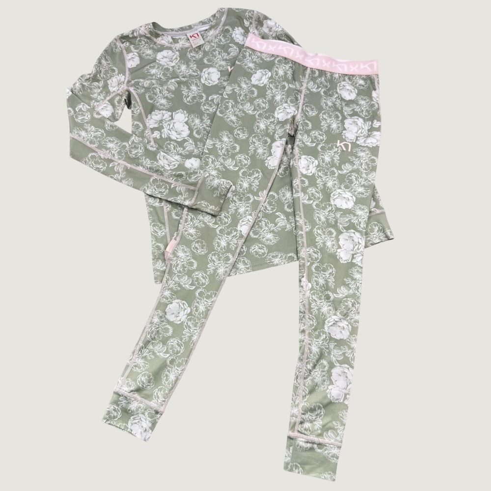 Kari Traa Womens Small Sage Green Floral Base Layer Set Long Sleeve & Leggings